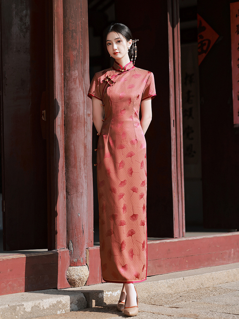 花花旗袍厂家批发2022春夏新款玫红色长款中式时尚中国风立领旗袍