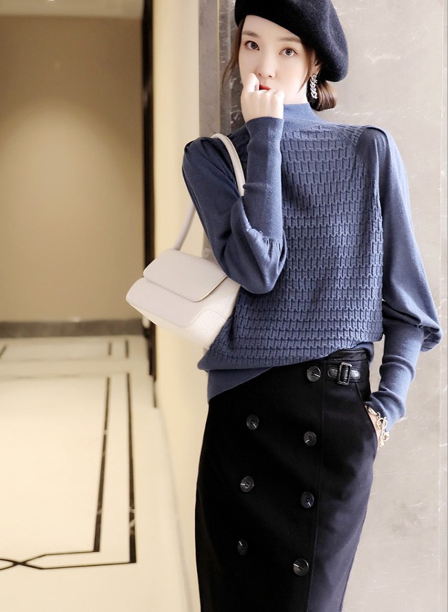 满眼望去尽是温柔 立体纹鸡腿袖长袖细针织衫毛衣打底衫女秋冬