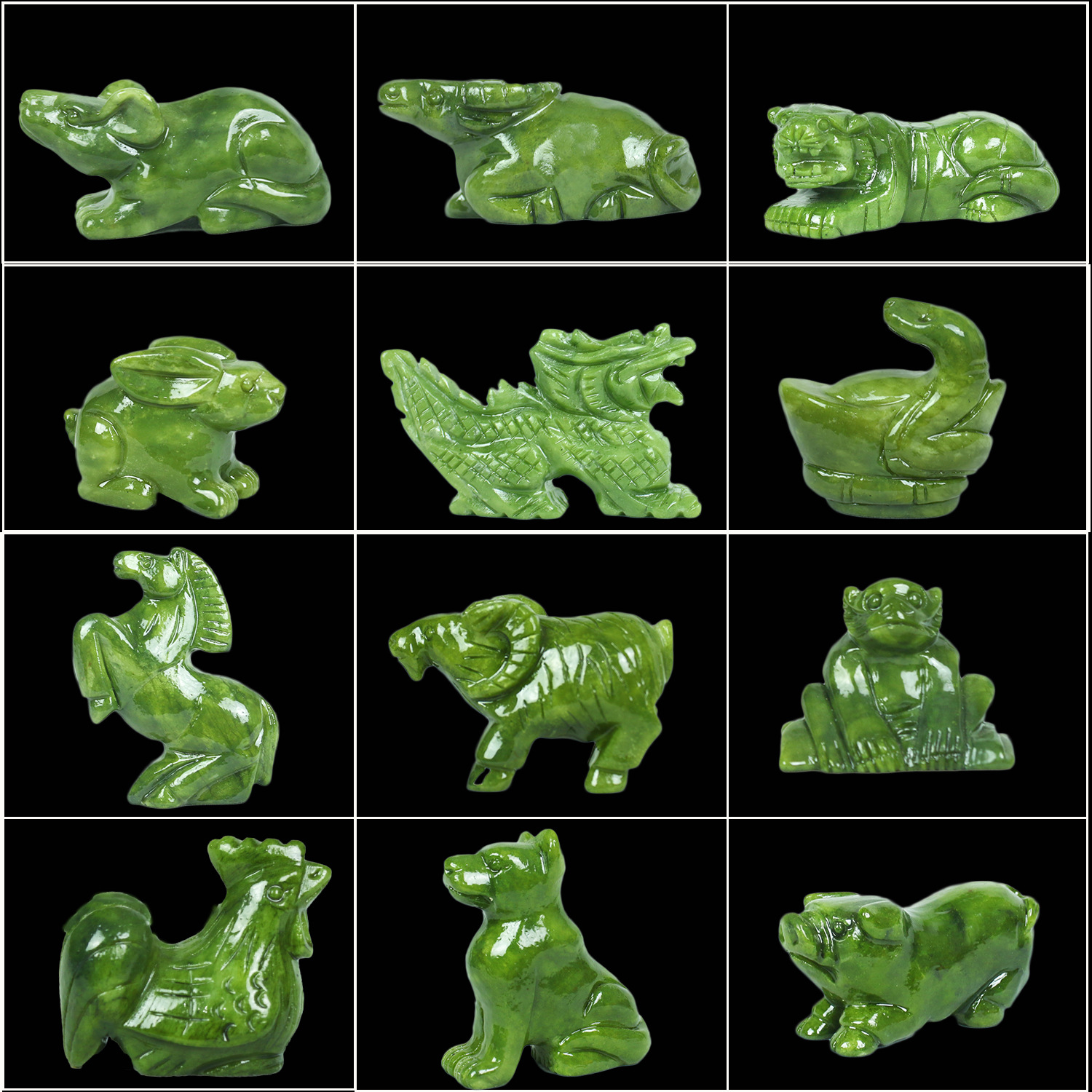 批发青玉十二生肖摆件全套玉石狗鼠铜牛鸡蛇马虎兔龙羊猴猪工艺品