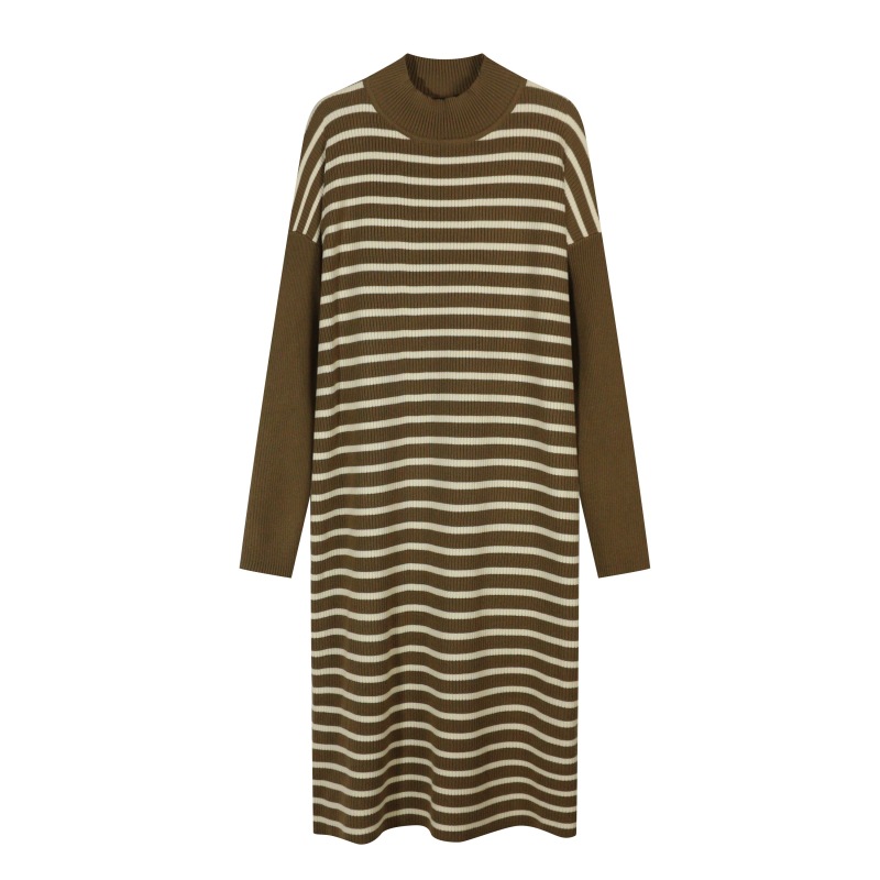 Factory Direct Supply Lazy Style Long Sleeve Striped Knitted Dress 2023 New Mid-Length Autumn and Winter Sweater Straight Skirt