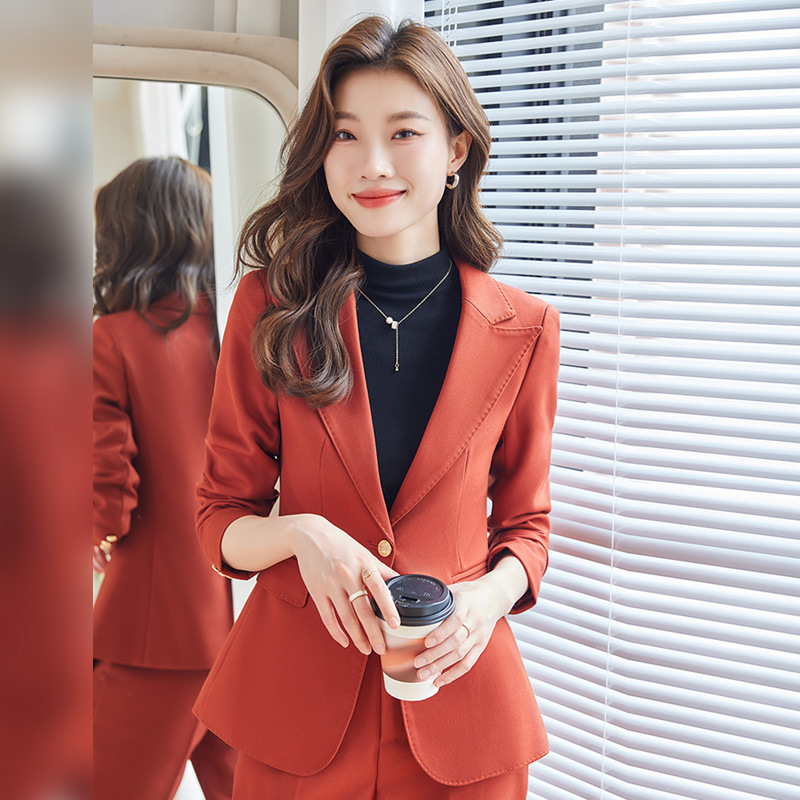 2023秋新款职业装职场精英范高级感休闲西服套装橘红色西装外套女