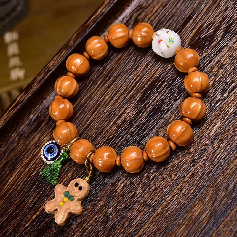 天然原色橄榄核手串单圈鹿角根付姜饼人吊坠琉璃阿呆配饰文玩手链