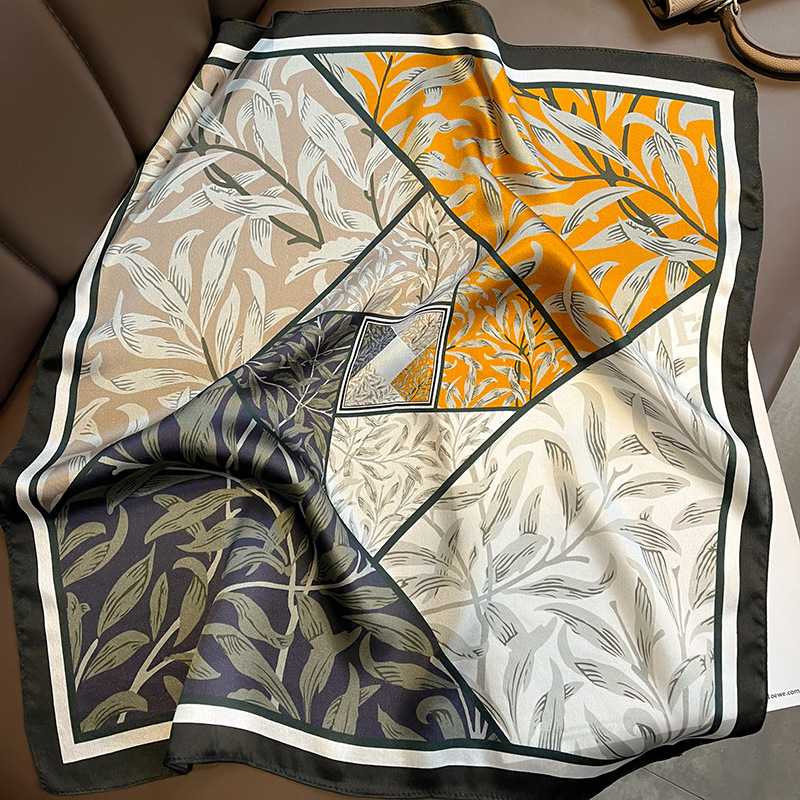New Far and Near Design Four-Color Square Stitching Feather Leaf Orange 53cm Mulberry Silk Silk Scarf Square Scarf for Women