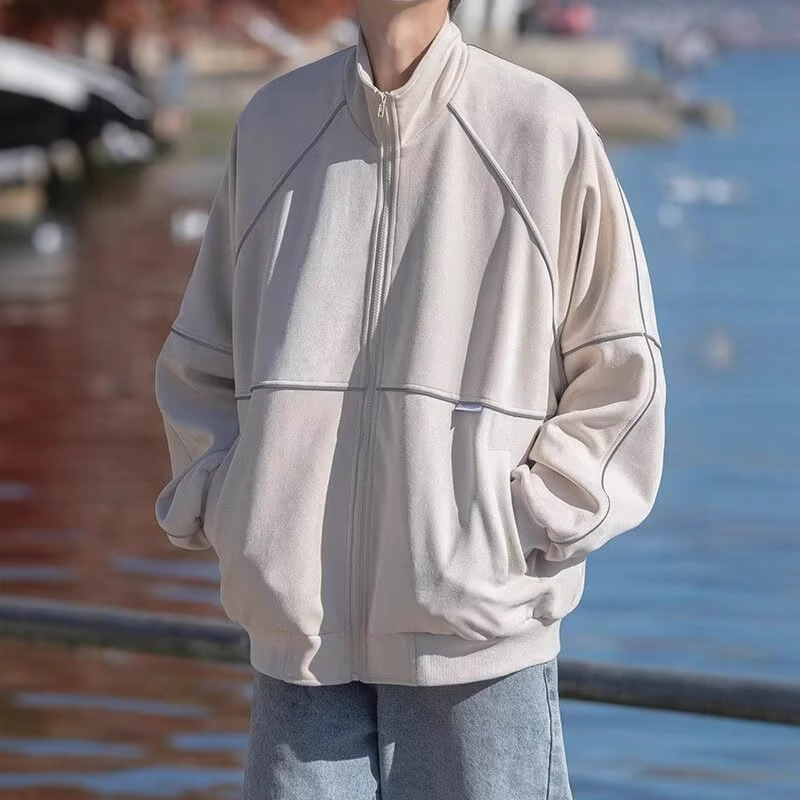 青少年常规反光条痞帅棒球服外套男高街嘻哈尖领标准潮纯色春秋潮
