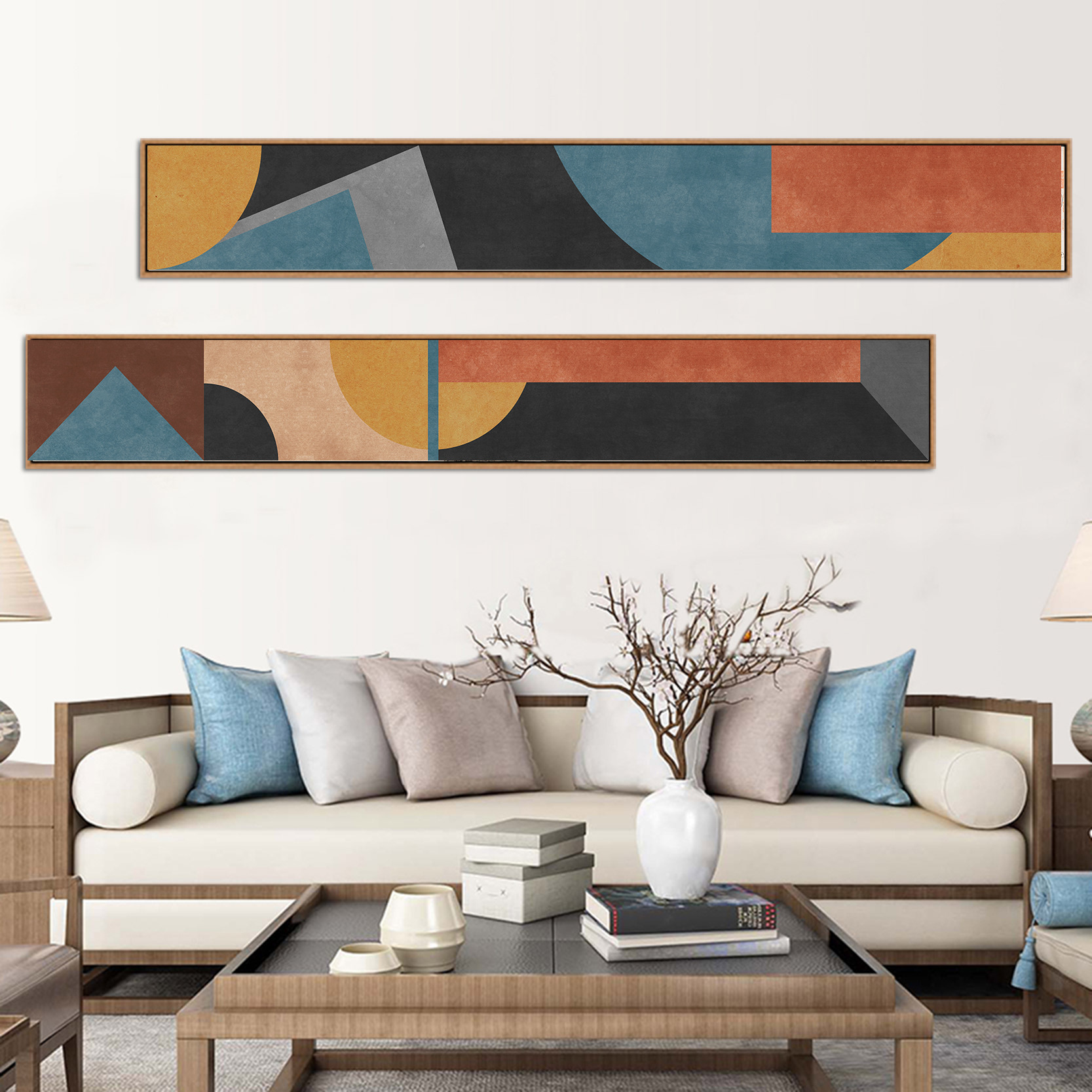 新中式客厅抽象挂画沙发背景墙装饰画办公室卧室床头画窄长条横幅