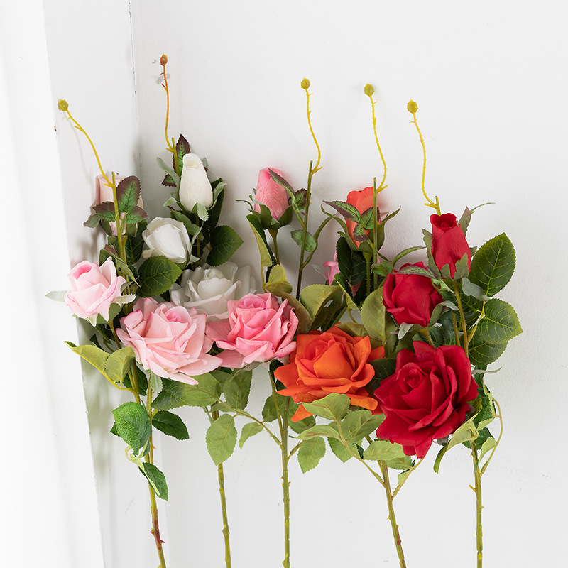 Artificial Flower Three-Head Corner Rose Artificial Flower Moisturizing Flower Wedding Indoor Shopping Mall Cabinet Decoration Multi-Color Optional Wholesale
