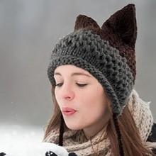 ins风手工针织猫耳球球帽冬季保暖包耳帽子可爱搞怪猫耳朵针织帽