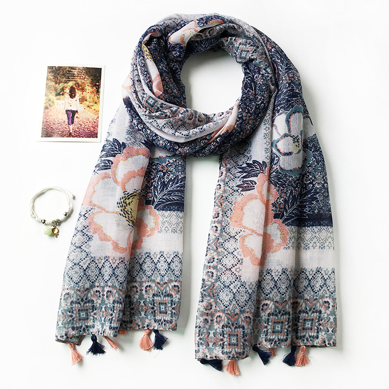 韩版东大门新款丝巾女 田园风大花朵印花棉麻春夏季旅游防晒围巾