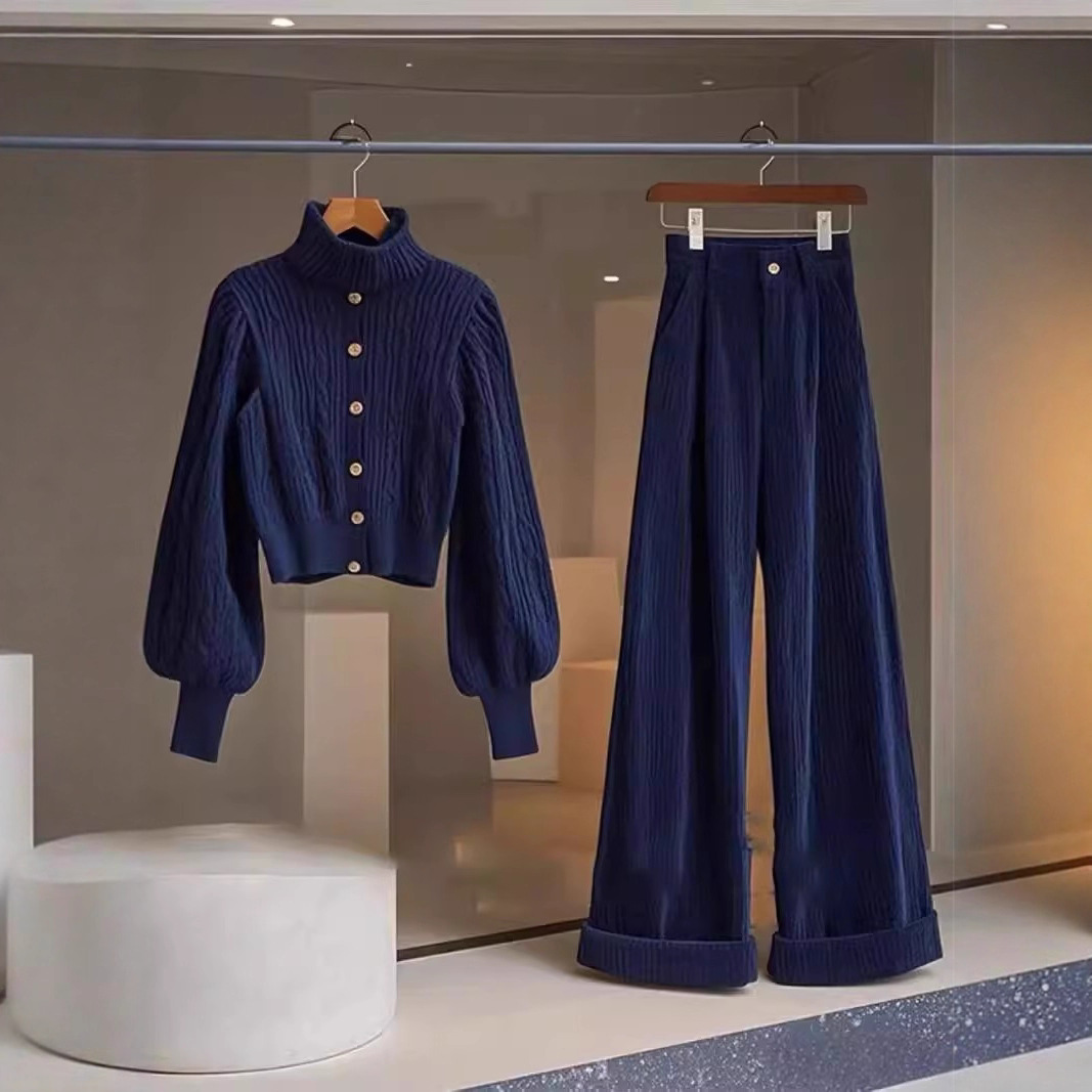2025冬季大码胖mm巨显瘦套装藏蓝色高领毛衣超好看阔腿裤两件套女