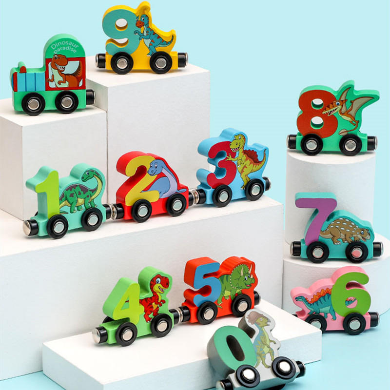 幼儿童早教玩具宝宝智力拖拉小车 数字恐龙磁性火车木制玩具批发