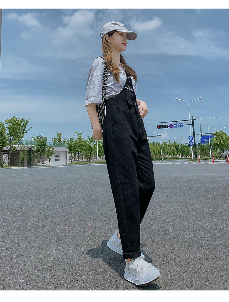 单肩牛仔背带裤女韩版宽松春秋两穿阔腿洋气减龄拖地吊带长裤