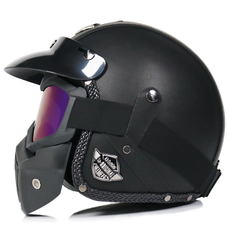 voss哈雷复古头盔男女手工皮革头盔3/4盔半盔四季电动车帽子