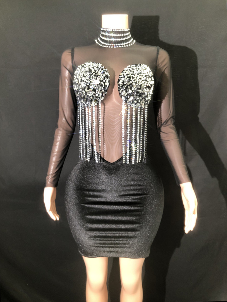 新款跨境欧美女歌手性感丝绒露背紧身连衣裙夜店舞台演出服装