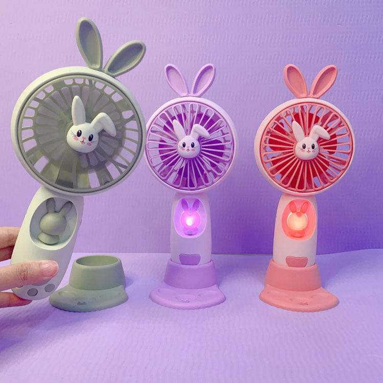Cartoon Cute Rabbit Light Handheld Fan Office Mobile Phone Holder Portable Gift Band Base Animal Fan