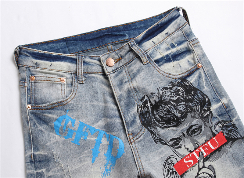   Foreign Trade Style Punk Trendy Retro Blue Ripped Slim Elastic Printing Printing and Dyeing Feet Men's Jeans 3293