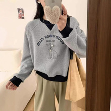 24秋冬新款韩版休闲时尚简约卡通图案加绒加厚宽松撞色圆领卫衣女