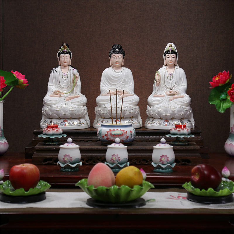 上美彩绘西方三圣像娑婆三圣供奉如来观音地藏弥勒佛陶瓷佛像摆件