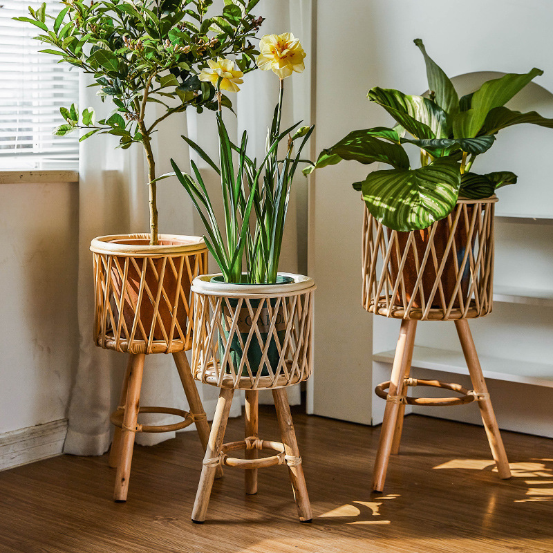 Nordic Instagram Style Living Room Plant Bamboo Weaved Flower Basket Decoration Monstera Deliciosa Rattan Woven Flowerpot Balcony Flower Stand