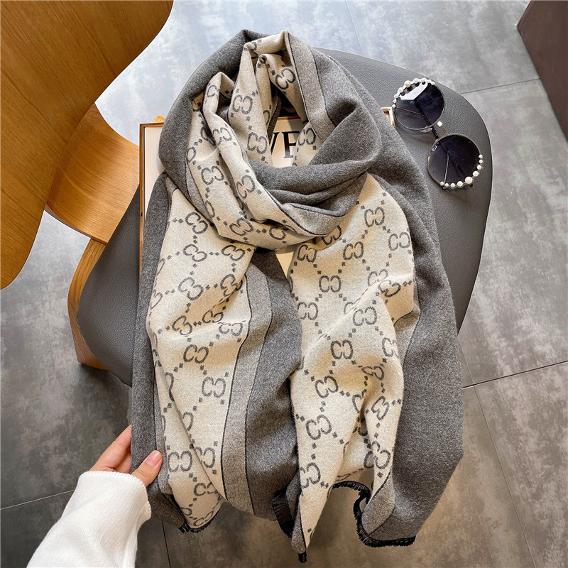 Autumn and Winter New European and American Style Double C Color Matching Cashmere Double-Sided Thermal Scarf Jacquard Tassel Scarf Big Brand Shawl