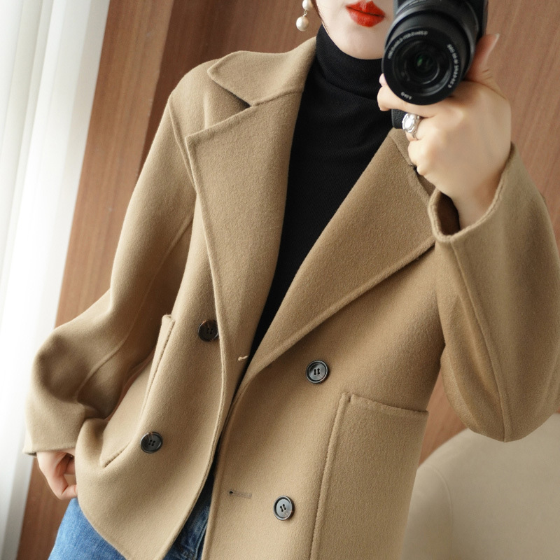 Yue Ou Double Breasted Short Wool Overcoat Women's Clothing Korean Style Autumn and Winter New Double Sided Cotton Woolen Handmade Cardigan Coat