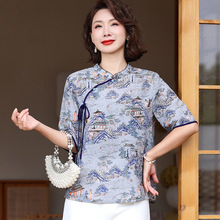 中式新款夏装国风印花上衣中老年雪纺衫妈妈夏季短袖旗袍领小衫女