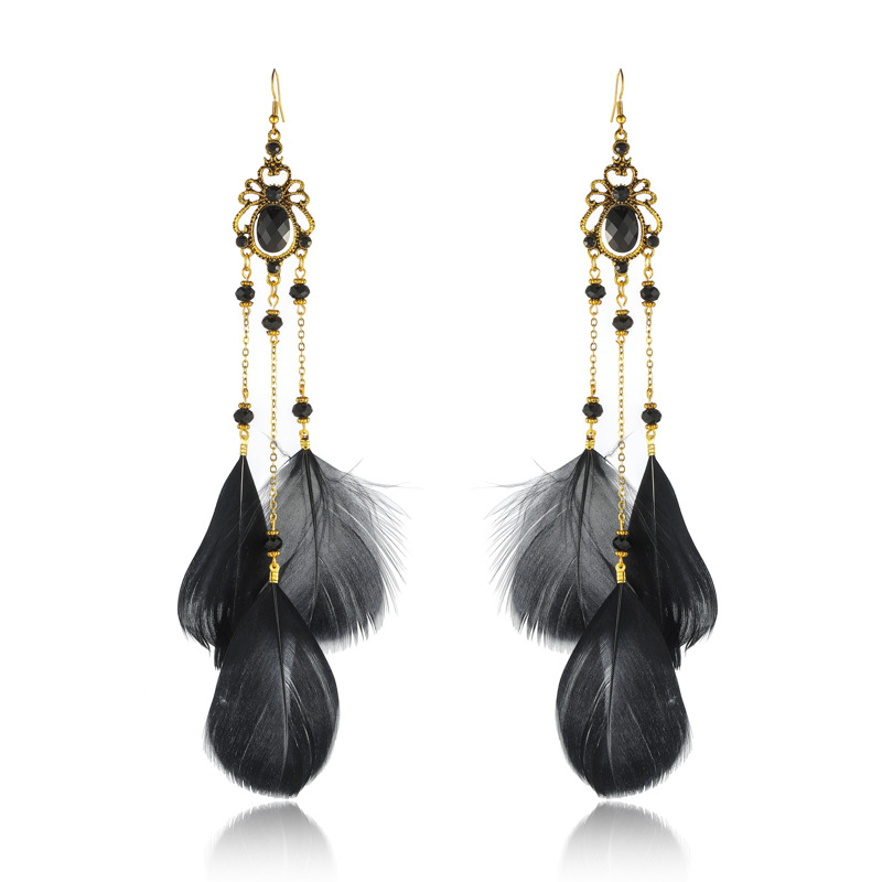 New Copper Chain Crystal Long Feather Earrings Yunnan Tourist Attractions Earrings Jewelry Wholesale Retro Style Earrings