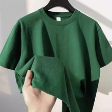 墨绿色 200g重磅纯棉圆领短袖T恤女复古高品质纯色透气情侣打底衫