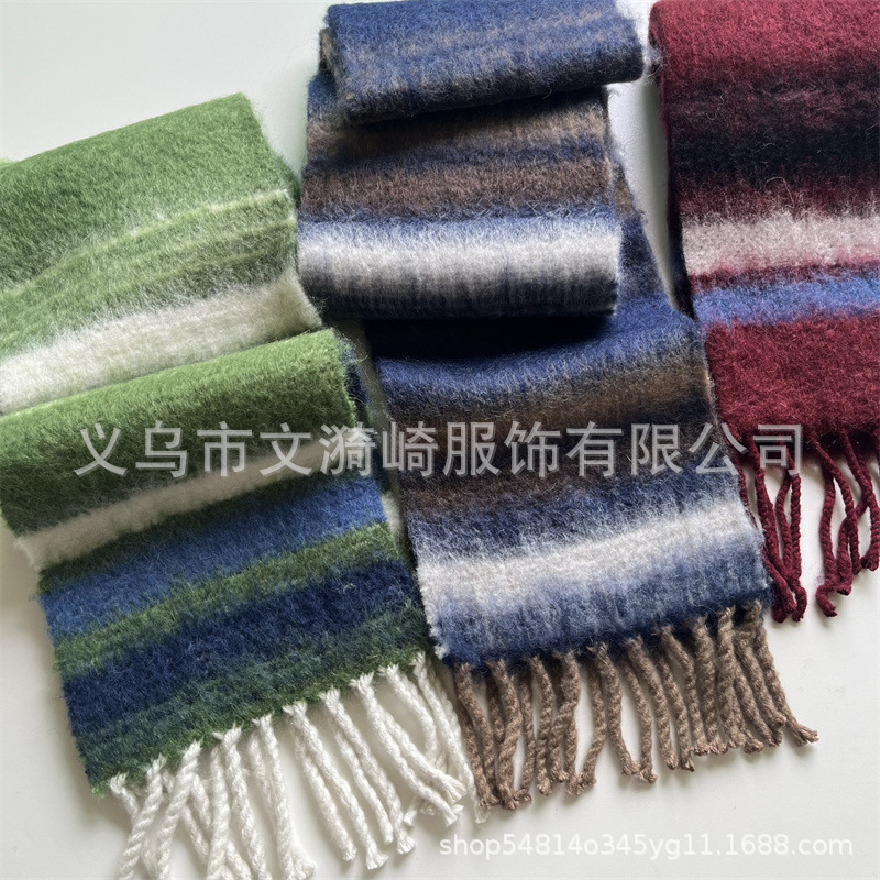 23 New Green Striped Mohair Scarf Female Winter Narrow Version Wine Red Alpaca Wool Shawl Couple Scarf