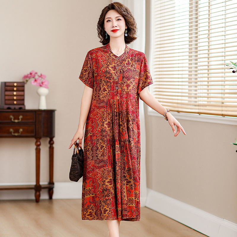 夏季新品中国风棉绸连衣裙短袖妈妈装优雅过膝长裙宽松印花长裙子