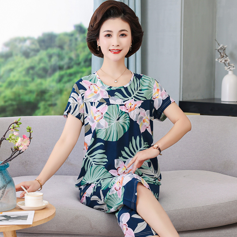 Mom Pajamas Spring and Autumn Women's Middle-Aged and Elderly Short-Sleeved Suit Cotton Silk Home Wear Artificial Cotton Women's Casual Large Size Summer