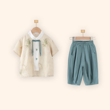 儿童汉服男童短袖套装夏季国风新中式假两件五六一幼儿园演出服装