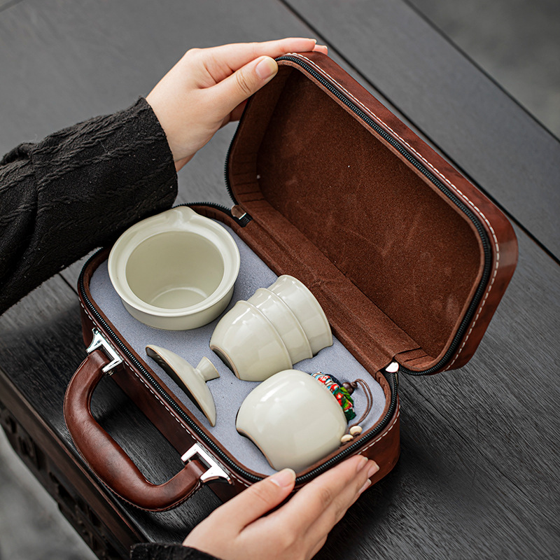 哥窑米黄旅行茶具便携式一壶三杯户外露营泡茶器收纳包套装快客杯