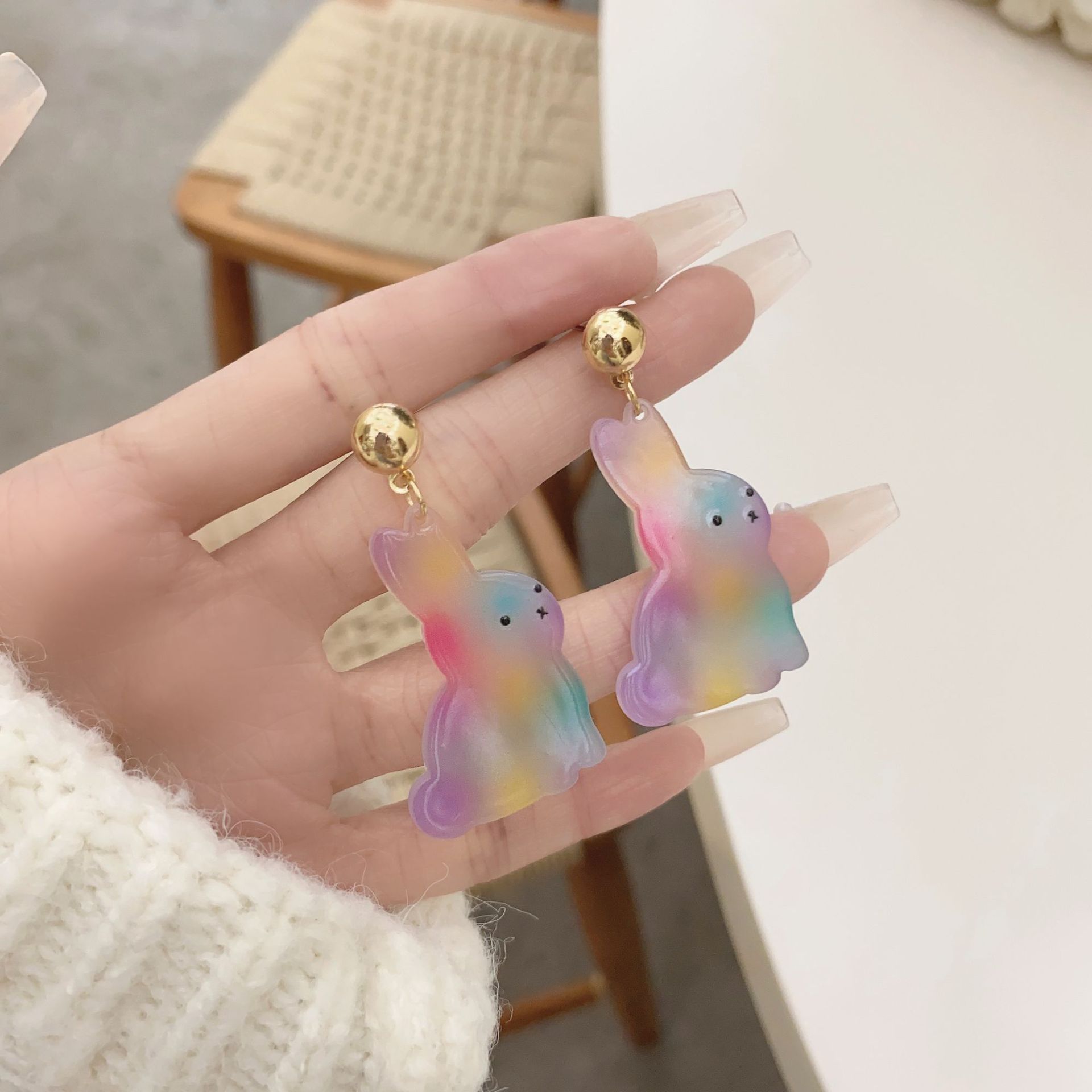 New Creative Earrings Popular Acrylic Rabbit Cat Cartoon Earrings Korean Niche Cute Animal Stud Earrings for Women