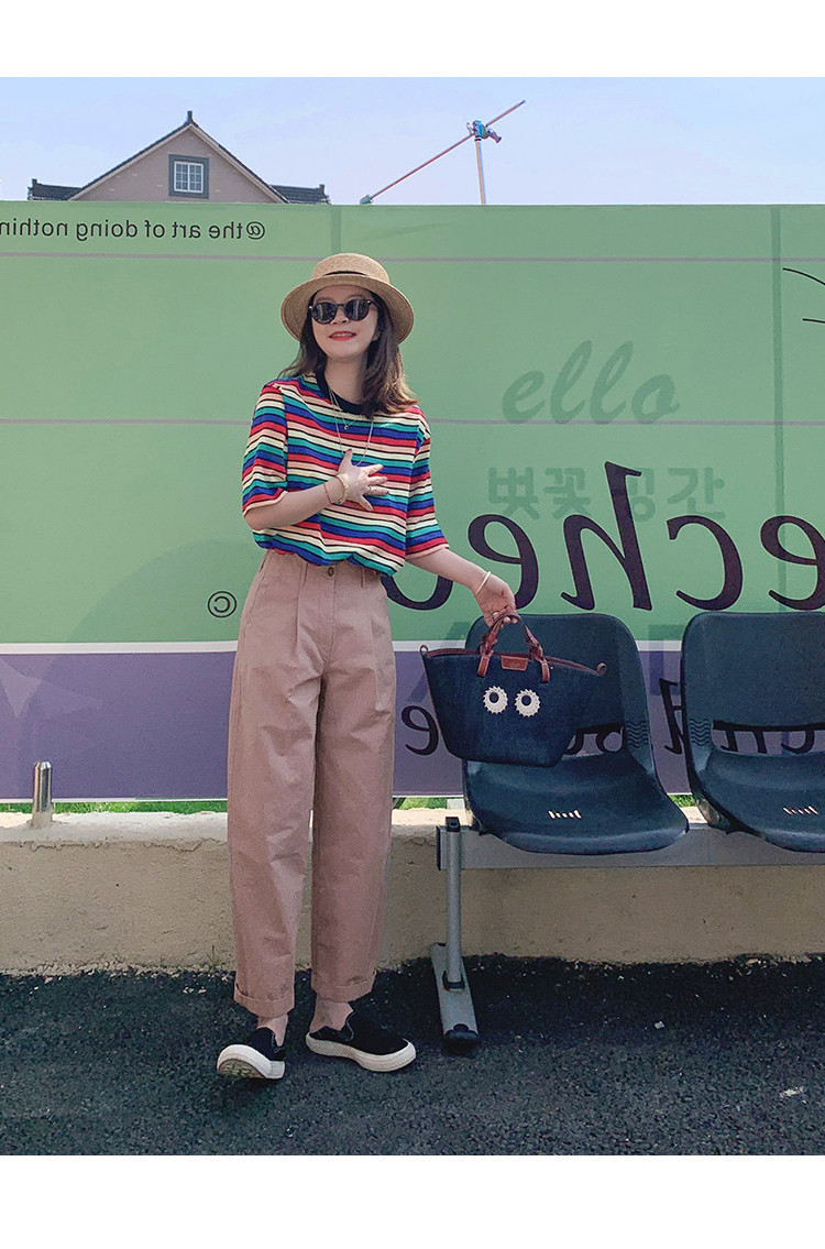 莉贝琳t恤夏季新款减龄韩版宽松全棉圆领显瘦彩色条纹短袖t上衣女