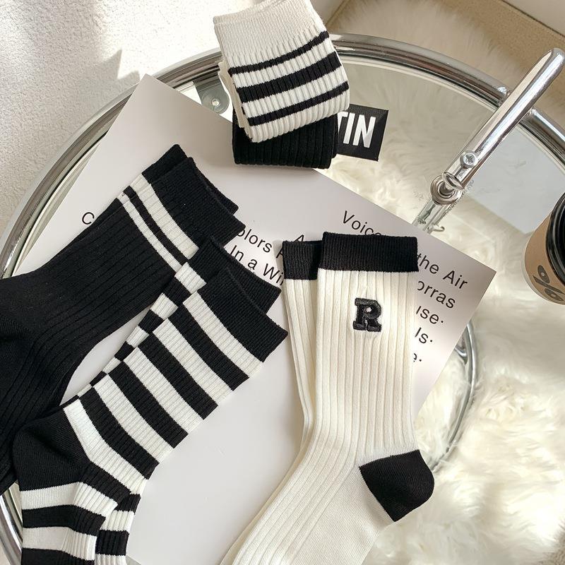 Zhuji Socks Women's Embroidered Japanese Double Needle R Letter Bunching Socks Women's Mid-Calf Bamboo Cotton Socks Ins Fashion Mk Wholesale