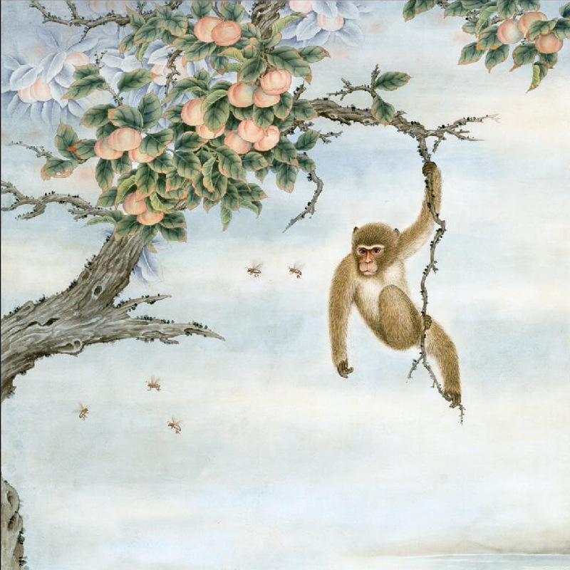 国画猴子灵猴斗方字画客厅卧室办公室书房中式装饰画宣纸e32-001