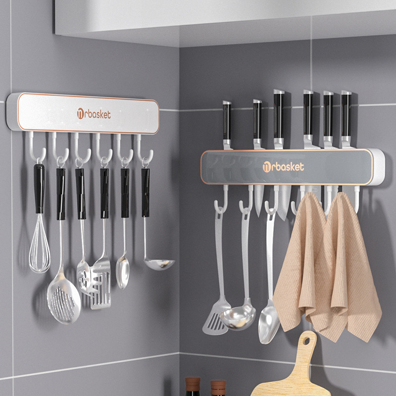 Wall-Mounted Row Hook Knife Holder Kitchen Knife Soup Spoon and Spatula Storage Rack Multi-Functional Storage Integrated