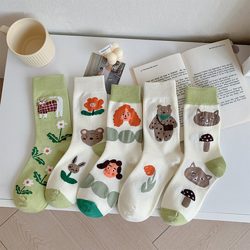 卡通袜子女春秋百搭中筒袜个性涂鸦插画文艺风袜子韩版可爱少女袜