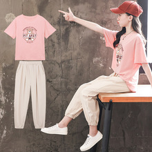 女童中大童2022夏季新款套装小熊印花工装裤短袖格子裤两件套韩版