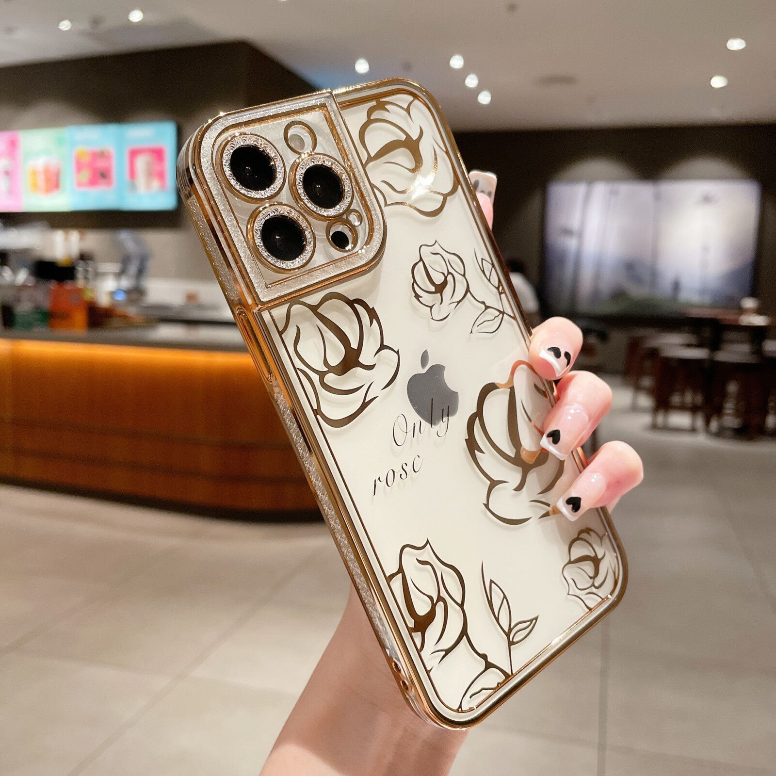 高级感电镀镭雕玫瑰花手机壳iphone14闪钻苹果13闪粉手机壳12软壳