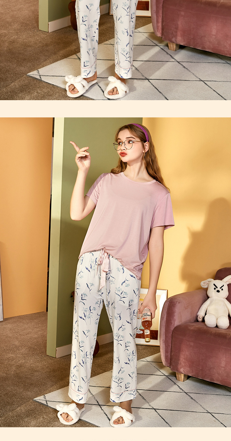 富妮来女士舒适亲肤简约睡衣休闲宽松柔暖短袖两件套家居服16328