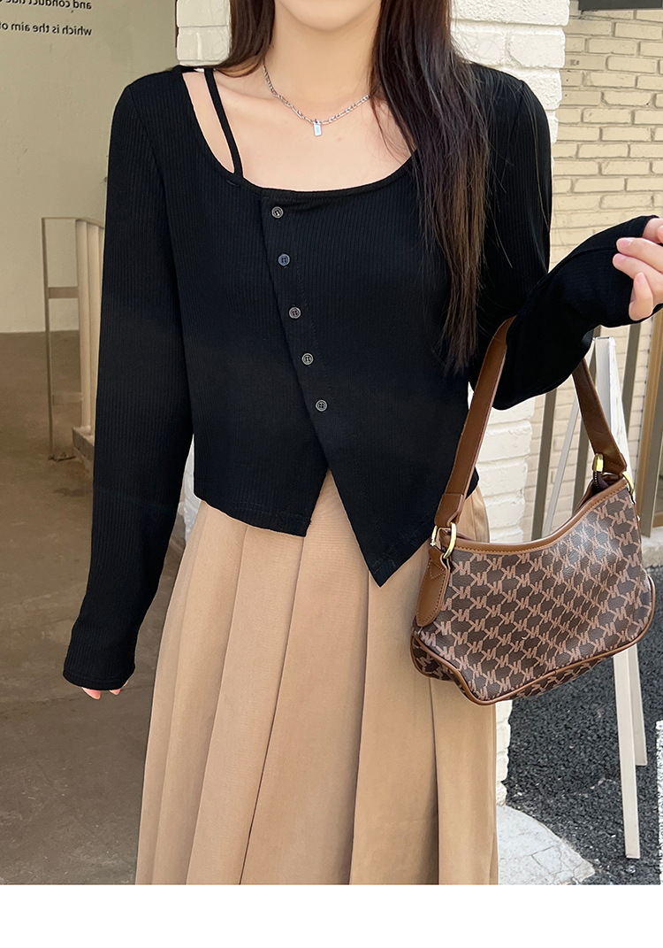 微胖mm大码不规则针织打底衫女2022年秋季新款纯色斜扣内搭上衣详情3