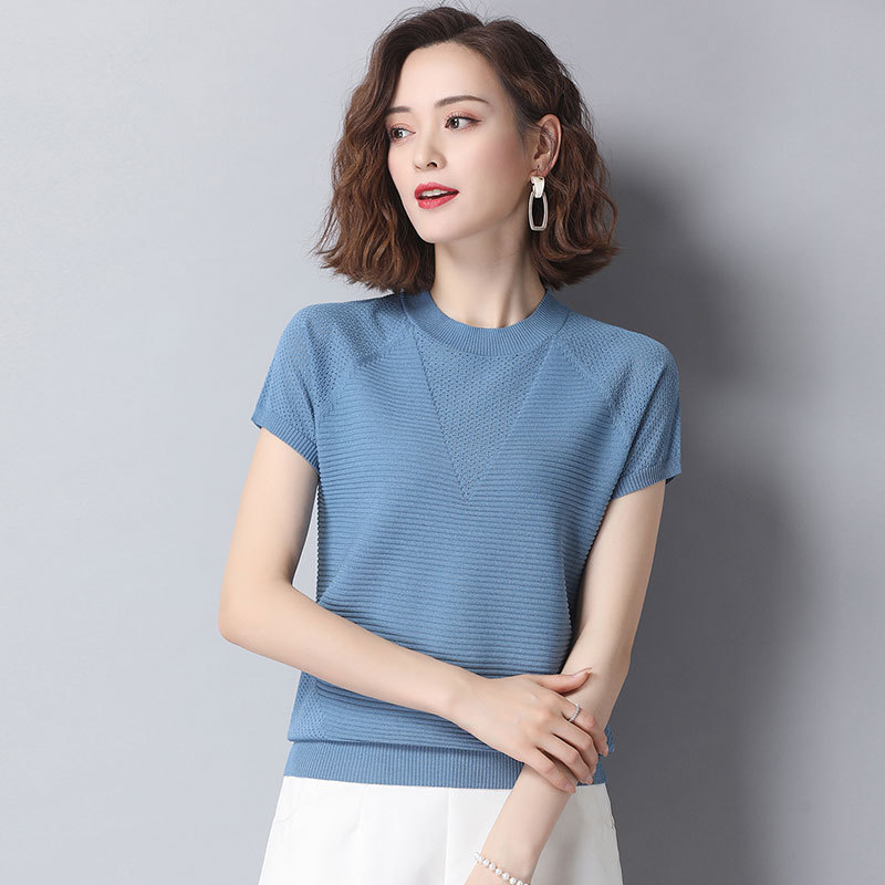 冰丝针织衫短袖t恤女装2021年新款夏装中年妈妈薄款半高领t桖上衣