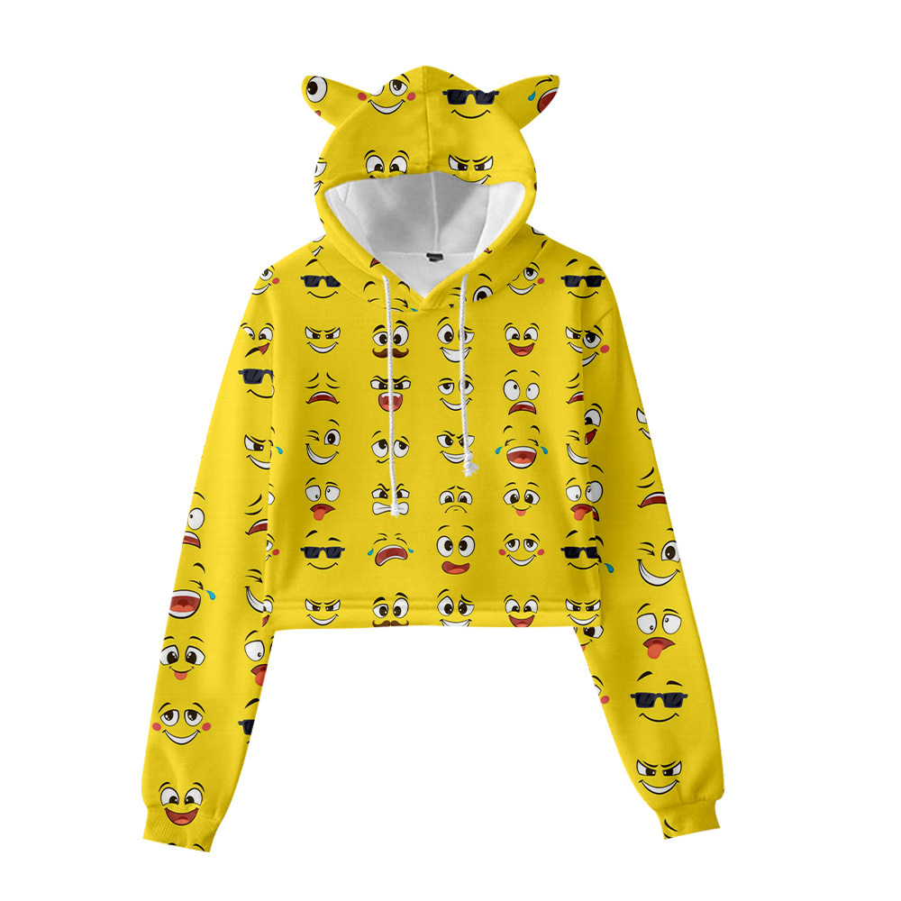 跨境新款碎花搞怪表情猫耳朵童装带帽卫衣可爱休闲支持定制批发