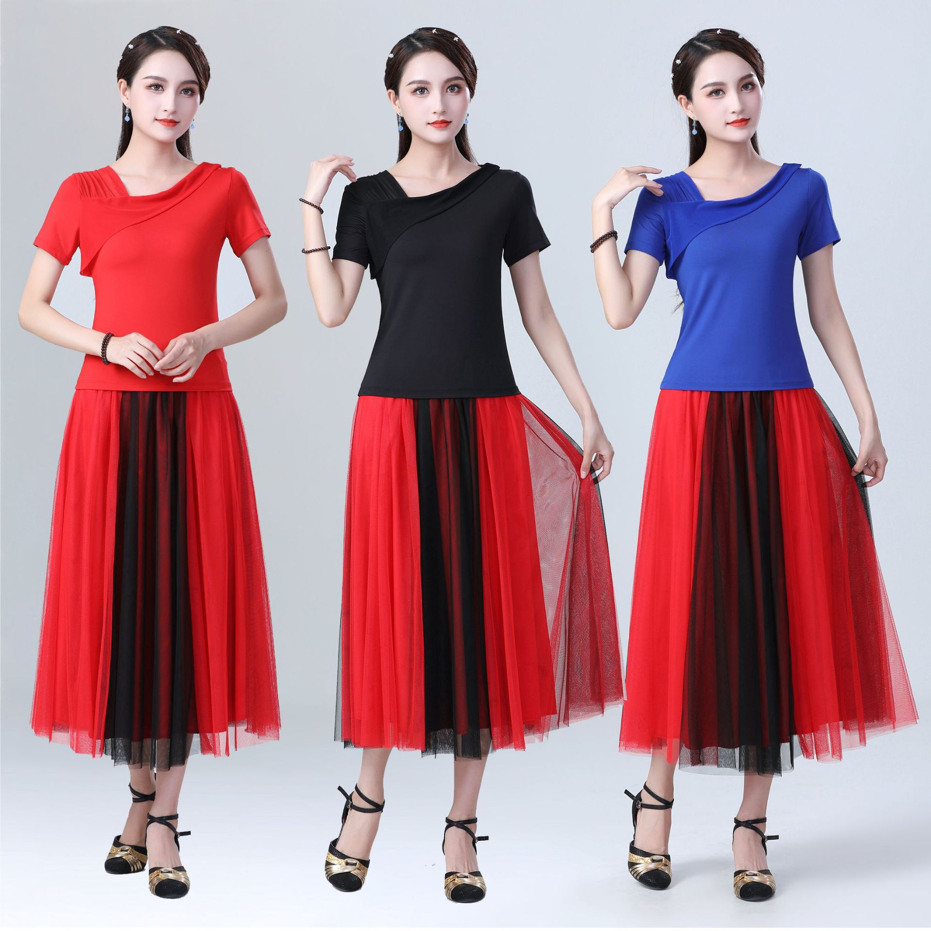 广场舞服装夏季休闲运动套装舞蹈服网纱半身长裙大摆裙拉丁舞裙女