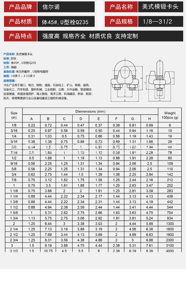 厂家直销美式模锻g450卡头锻打绳夹高强度电镀锌钢丝绳卡头
