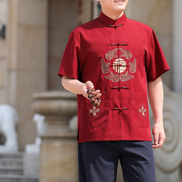 y鸎2短袖套装唐装男新款春夏季中老年薄款风汉服爸爸装爷爷衣