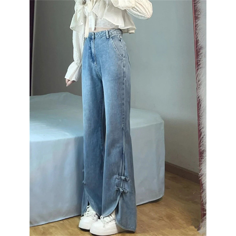 Retro High Waist Buckle Micro-Pull Split Jeans for Women Spring and Autumn Ins New Slimming Sense of Design Wide-Leg Pants