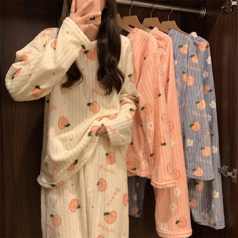 Women'sAutumn and Winter FairyPeach Warm Suit Loose Thick Coral Fleece Homewear Leisure Warm Pajamas