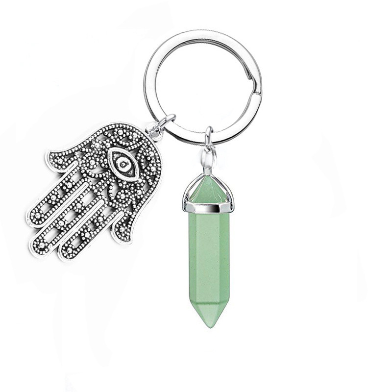 European and American Natural Stone Crystal Bullet Hexagon Prism Keychain Fatima Evil Eye Palm Key Chain